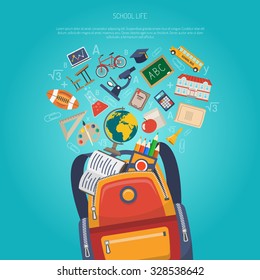 Education concept with school backpack and flat learning symbols vector illustration