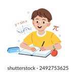 Education concept. School boy character learning mathematics subject, sitting at desk, writing and doing homework. Vector illustration.