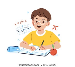 Education concept. School boy character learning mathematics subject, sitting at desk, writing and doing homework. Vector illustration.