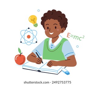 Education concept. School boy character learning physics subject, sitting at desk, writing and doing homework. Vector illustration.