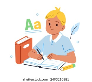 Concepto de Educación. Personaje escolar aprendiendo literatura, sentado en el escritorio, escribiendo y haciendo los deberes. Ilustración vectorial.