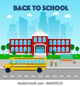 Education Concept. School Building and Bus. Vector illustration