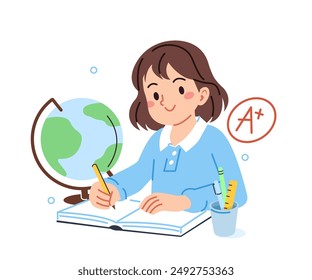 Education concept. School girl character learning geography subject, sitting at desk, writing and doing homework. Vector illustration.