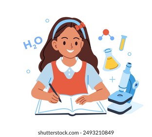 Education concept. School girl character learning chemistry subject, sitting at desk, writing and doing homework. Vector illustration.