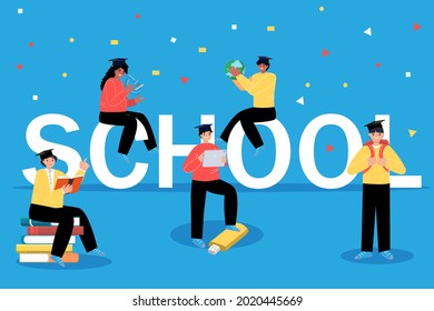Education concept. School. Small characters male and female. Back to school. Cartoon flat vector illustration.