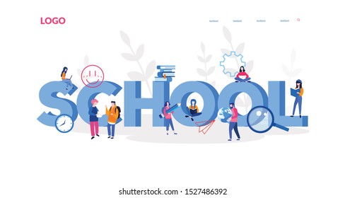 Education Concept, School Stationery, Back to School Knowledge, Word school with groups of children around it. Vector illustration.for web banner, infographics, mobile website. Landing page template. 