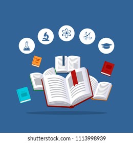 Education concept. Science icons  with  flying books on the background.
Courses and graduation process.