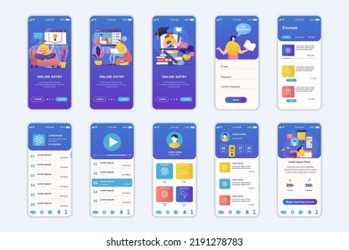 Pantallas de concepto de educación configuradas para la plantilla de aplicación móvil. Gente aprendiendo en cursos en línea, estudios a distancia en la escuela. interfaz de usuario, UX, interfaz de usuario GUI para diseños de aplicaciones de smartphone. Diseño de vectores