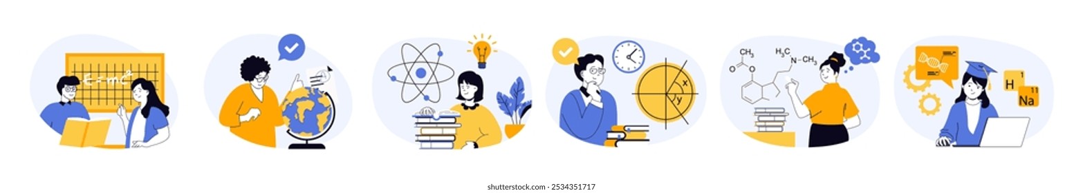 Education concept set with characters in flat design for web. People studying in class, answering by blackboard, getting knowledges, solving math problems and learning science. Vector illustrations.