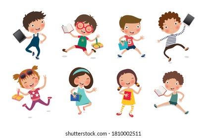 education concept, set of children Reading Books or tablets, Vector, Illustration