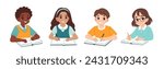 Education concept set. Collection of school boys and girls characters sitting at desk, writing and doing homework. Vector illustration isolated on white background  