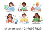 Education concept set. Collection of school boys and girls characters  learning various subject. Kids sitting at desk, writing and doing homework. Vector illustration.