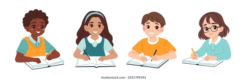 Education concept set. Collection of school boys and girls characters sitting at desk, writing and doing homework. Vector illustration isolated on white background  