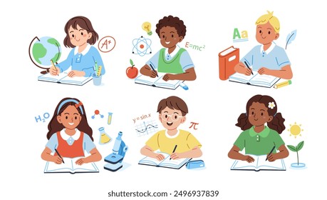 Education concept set. Collection of school boys and girls characters  learning various subject. Kids sitting at desk, writing and doing homework. Vector illustration.