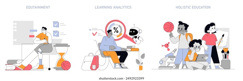 Education concept set. Engaging edutainment, precise learning analytics, and holistic educational approaches. Seamless integration of play, study, and technology. Vector illustration.