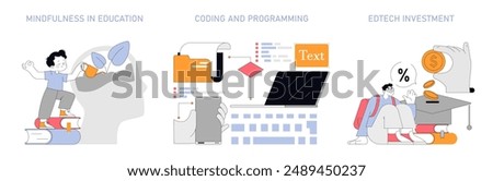 Education concept set. Mindfulness balance, coding skills, and edtech funding. Balancing emotions, learning programming, and investing in technology education. Vector illustration.