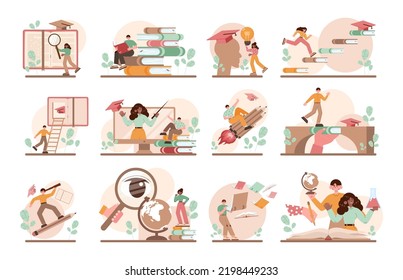 Education concept set. Multidisciplinary and lifelong studying, knowledge gaining. Online education, modern urban development. Flat vector illustration