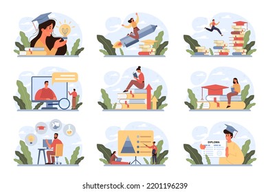 Education concept set. Multidisciplinary and lifelong studying, knowledge gaining. Online education, modern urban development. Flat vector illustration