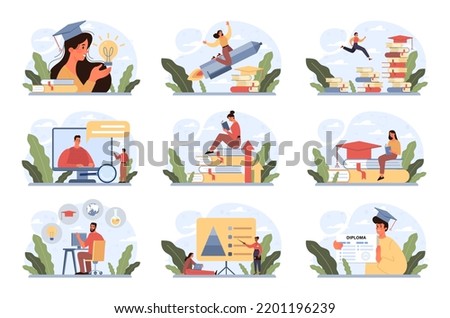 Education concept set. Multidisciplinary and lifelong studying, knowledge gaining. Online education, modern urban development. Flat vector illustration