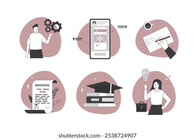 Education concept. Set of people in various activities of education, learning, reading book, online course and training, back to school. Language and business courses. flat vector illustration