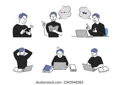 Education concept. Set of people vector illustrations learning, reading book, online course and training, back to school.