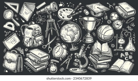 Education concept. Set of school items drawn in chalk on black school board. Vector illustration