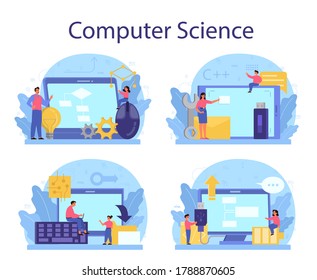 IT education concept set. Student write software and create code for computer. Coding script for project and app. Digital technology for website, interface and devices. Vector illustration.
