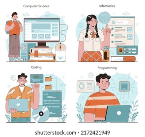 IT education concept set. Student write software and create code for computer. Coding script for project and app. Digital technology for website, interface and devices. Vector illustration.