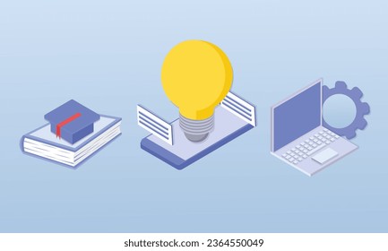Education concept set. Students preparing to start a new academic year and studying with book on various subjects.on blue background.3D design.isometric vector design Illustration.