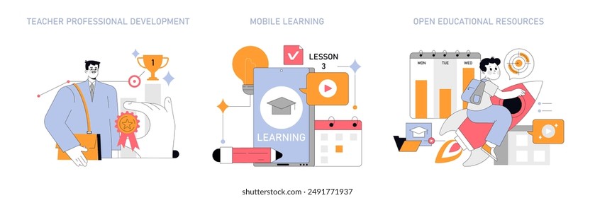 Education concept set. Teacher development, mobile learning, and open educational resources. Engaging in career progression, online study, and free access to knowledge. Vector illustration.