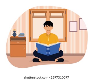 Education concept. Smart student preparing for exam at home. .Flat vector modern illustration 
