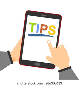 Education concept: smartphone with Tips text on display. Reading tips online using mobile smart phone