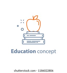 Concepto educativo, pila de libros con manzana arriba, preparación de exámenes, icono de línea vectorial