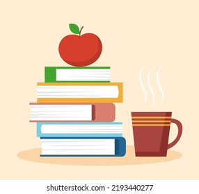 Education concept - stack of books, apple and cup of tea