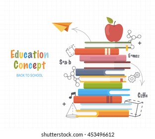 Education Concept . Stack Books With Doodles Line Drawing Formulas And Geometric Shapes.Back To School Background. Vector Illustration. 