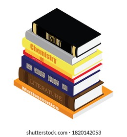 Bildungskonzept. Stapel von Schulbüchern. Literatur, Geometrie, Mathematik und Geschichte. Isometrische Sicht. Vektorgrafik