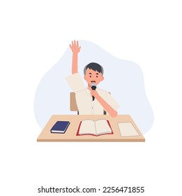 education concept. Student boy is hand up to asking or answer the question with microphone in hand. Thai Student