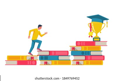 Education concept. A student climbs the steps of books to the top with a cup and a graduate cap. Vector illustration flat design. Isolated on white background.