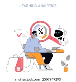 Education concept. A student engaging with a robot that presents analytics, highlighting modern, tech-driven learning. Casual study environment. Vector illustration.