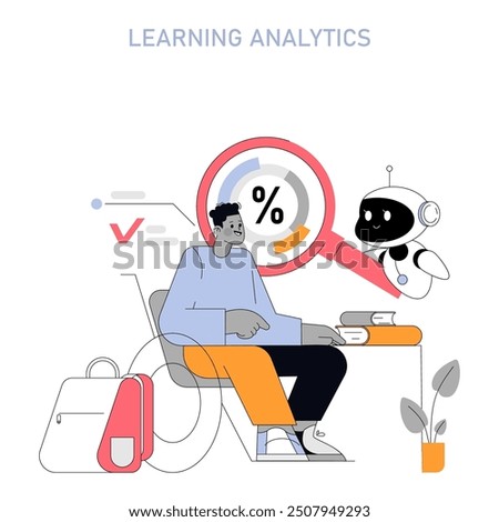 Education concept. A student engaging with a robot that presents analytics, highlighting modern, tech-driven learning. Casual study environment. Vector illustration.