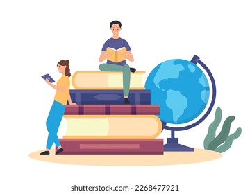 Education concept, student sitting in pile on book and globe. Vector of education knowledge, student read and sitting, children bookworm, colorful teenager smart and leisure illustration