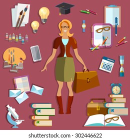 Education concept: student smile back to school college university books examinations study notebooks learn teacher chemistry physics literature mathematics vector illustration  