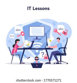 IT education concept. Student write software and create code for computer. Coding script for project and app. Digital technology for website, interface and devices. Vector illustration.