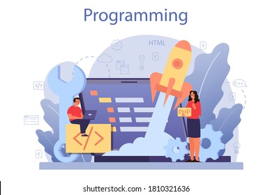IT education concept. Student write software and create code for computer. Coding script for project and app. Digital technology for website, interface and devices. Vector illustration.