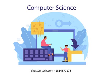 IT education concept. Student write software and create code for computer. Coding script for project and app. Digital technology for website, interface and devices. Vector illustration.