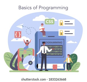 IT education concept. Student write software and create code for computer. Coding script for project and app. Digital technology for website, interface and devices. Vector illustration.