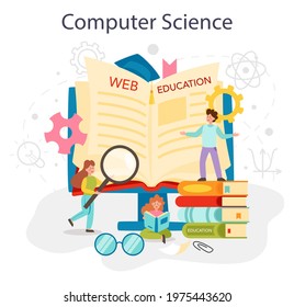 IT education concept. Student write software and create code for computer. Coding script for project and app. Digital technology for website, interface and devices. Vector illustration.