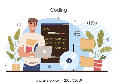 IT education concept. Student write software and create code for computer. Coding script for project and app. Digital technology for website, interface and devices. Vector illustration.