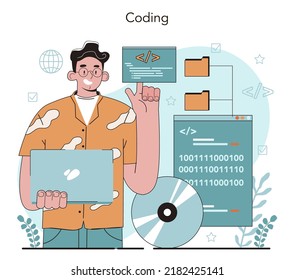 Concepto de educación en TI. El estudiante escribe software y crea código para el equipo. Guión de codificación para proyecto y aplicación. Tecnología digital para sitios web, interfaz y dispositivos. Ilustración vectorial.