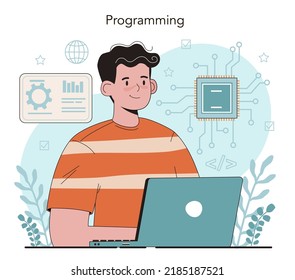 IT education concept. Student write software and create code for computer. Coding script for project and app. Digital technology for website, interface and devices. Vector illustration.